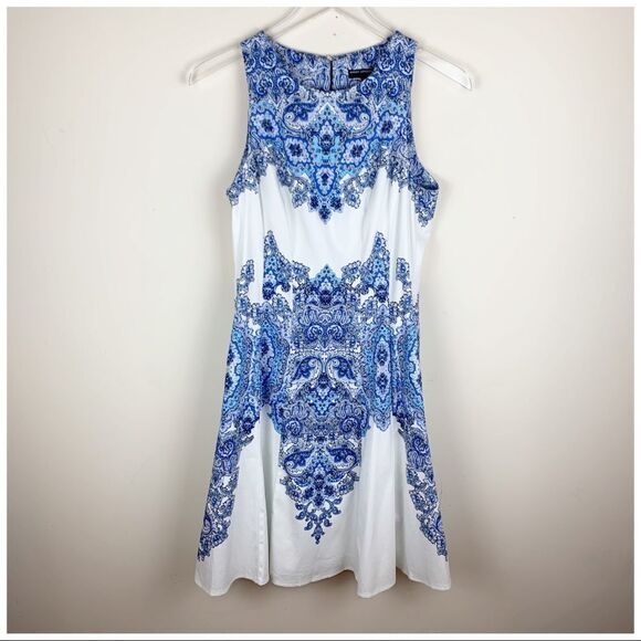 Maggy London Sleeveless Dress | Fit‎ and Flare Blue White 8 - Picture 2 of 14